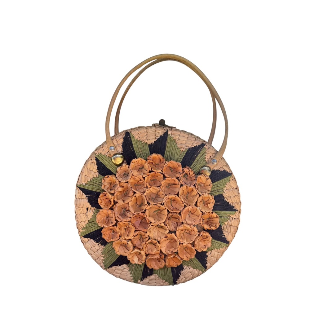 Vintage Round Straw Handbag Woven Raffia 3D Floral Embroidery Boho Circle Bag
